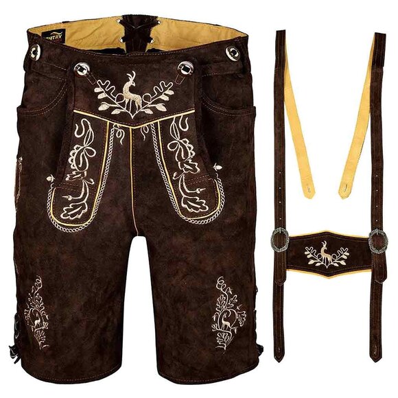 NEW Mens Lederhosen Dark Suede Leather Oktoberfest costume German Short Size 42 - Picture 1 of 7